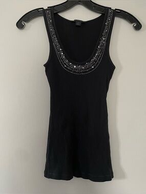 Y2K Express Black Embellished Tank Top Beaded XS Ribbed Fitted 2000s Festival